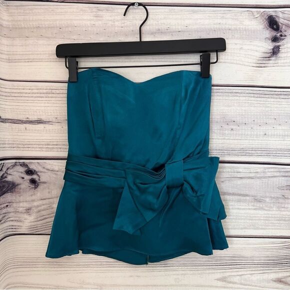 Prophecy Vintage Teal Blue Satin Strapless Peplum Bow Top - Picture 8 of 10